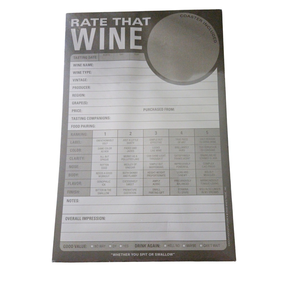 Knock Knock‎ Rate That Wine Tasting Notes Pad 60 Sheets Integrated Coaster 12206